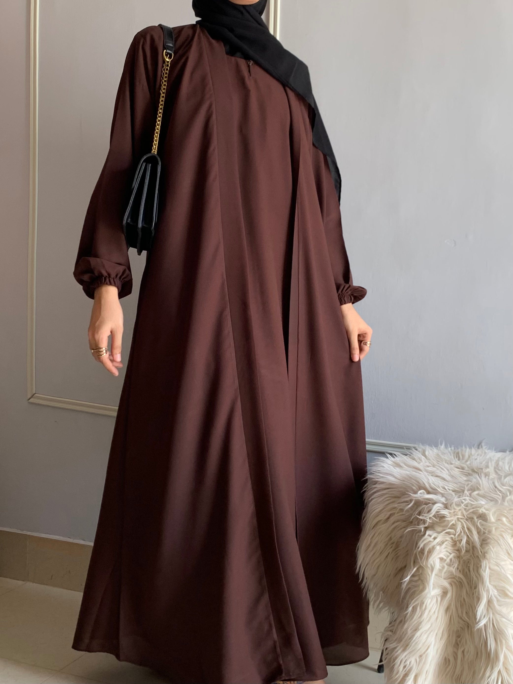 Aira - Kimono Abaya with attached inner - Dark Brown