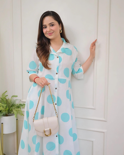 Blue Polka Dots Cotton A Line Dress