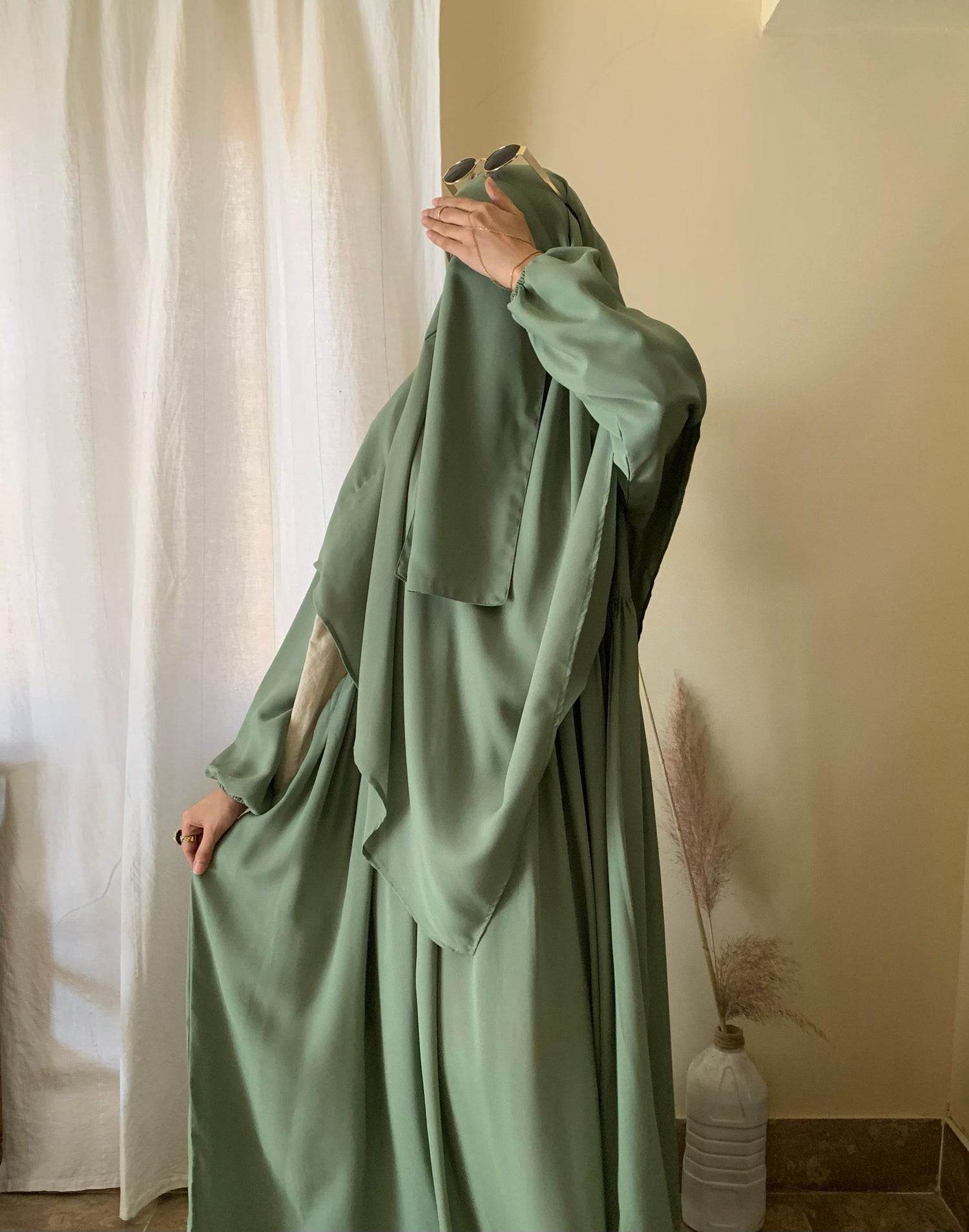 3 Piece Abaya Set (Abaya + Khimar + Niqab) - SAGE GREEN