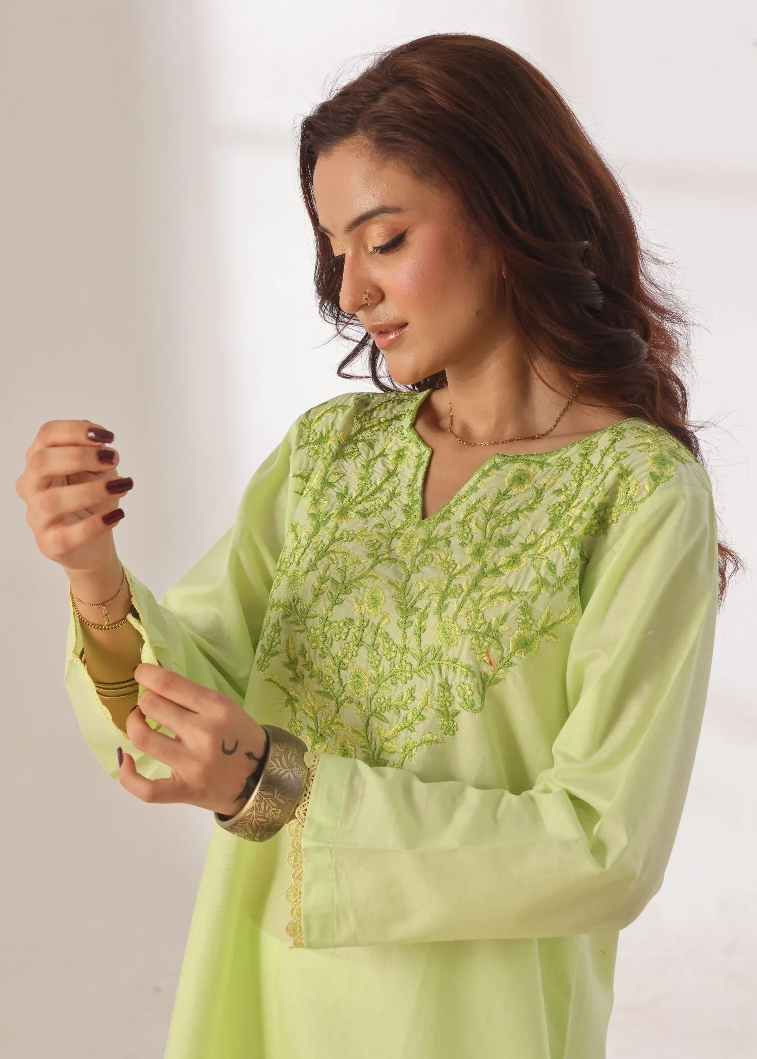 Grace - Embroidered Kurti Shalwar Set - Lime