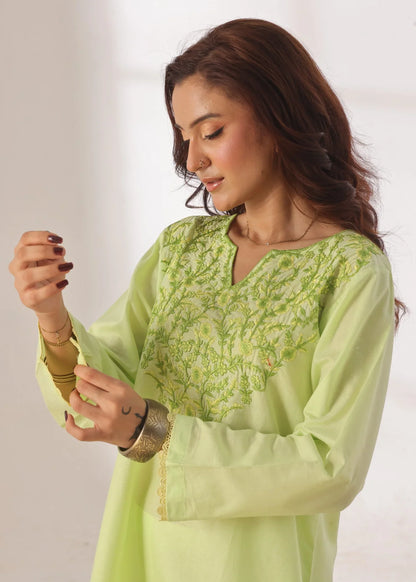 Grace - Embroidered Kurti Shalwar Set - Lime