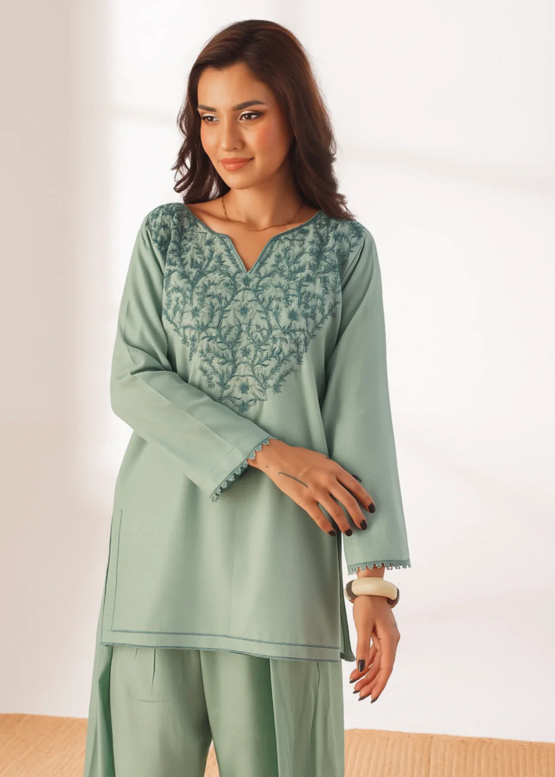 Grace - Embroidered Kurti Shalwar Set - Pastel Green