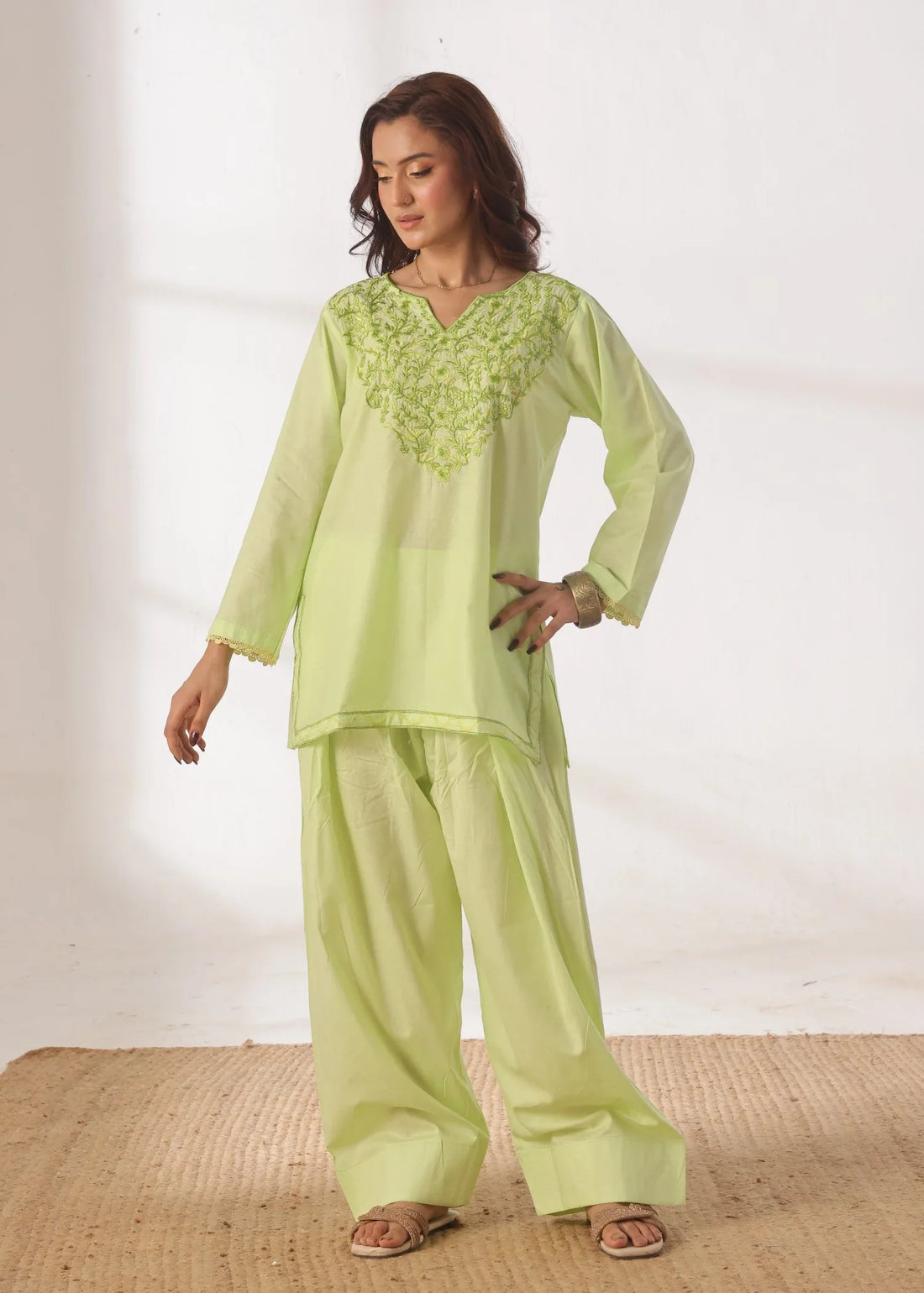 Grace - Embroidered Kurti Shalwar Set - Lime