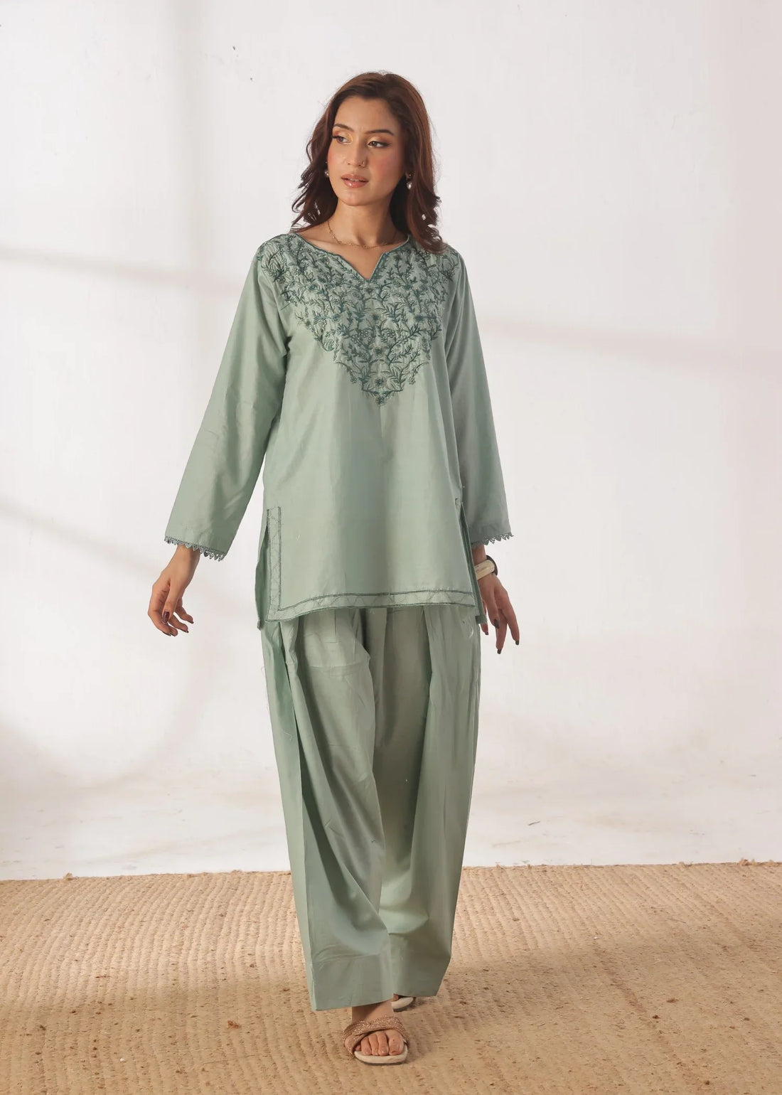 Grace - Embroidered Kurti Shalwar Set - Pastel Green