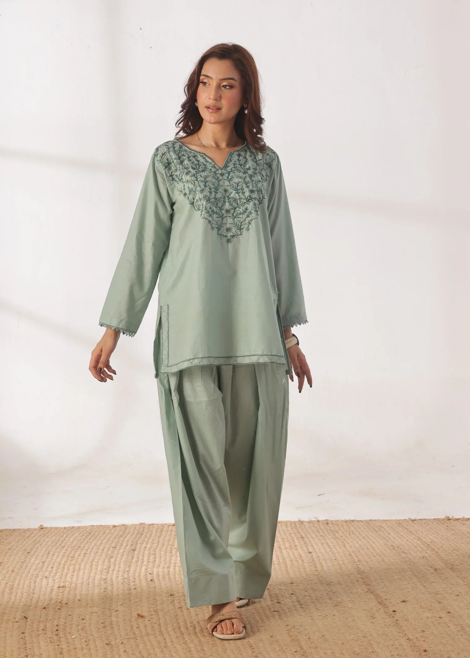 Grace - Embroidered Kurti Shalwar Set - Pastel Green