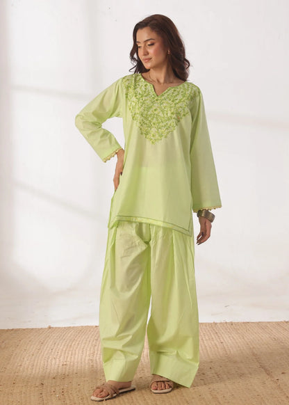 Grace - Embroidered Kurti Shalwar Set - Lime