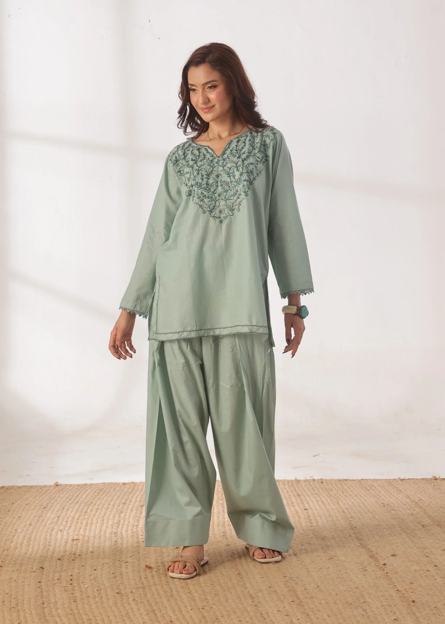 Grace - Embroidered Kurti Shalwar Set - Pastel Green
