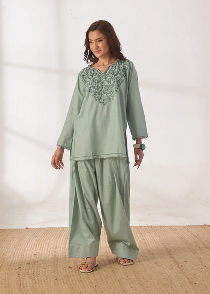 Grace - Embroidered Kurti Shalwar Set - Pastel Green