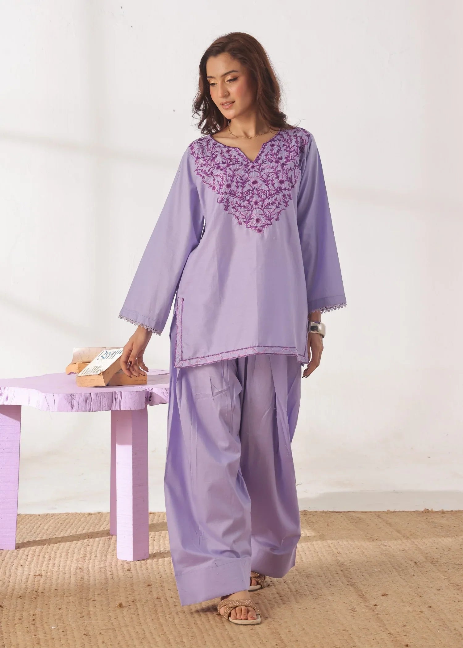 Grace - Embroidered Kurti Shalwar Set - Lilac