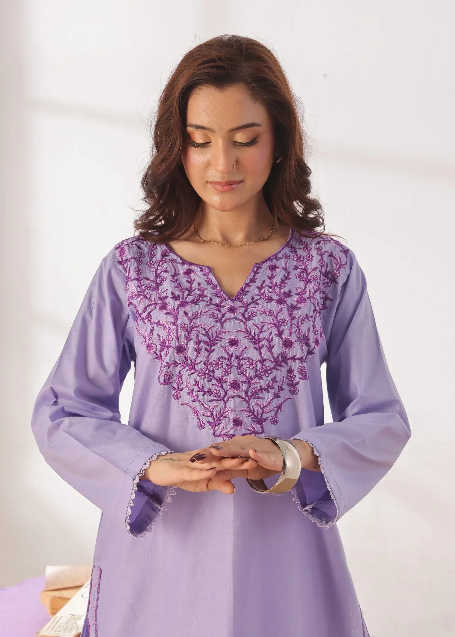 Grace - Embroidered Kurti Shalwar Set - Lilac