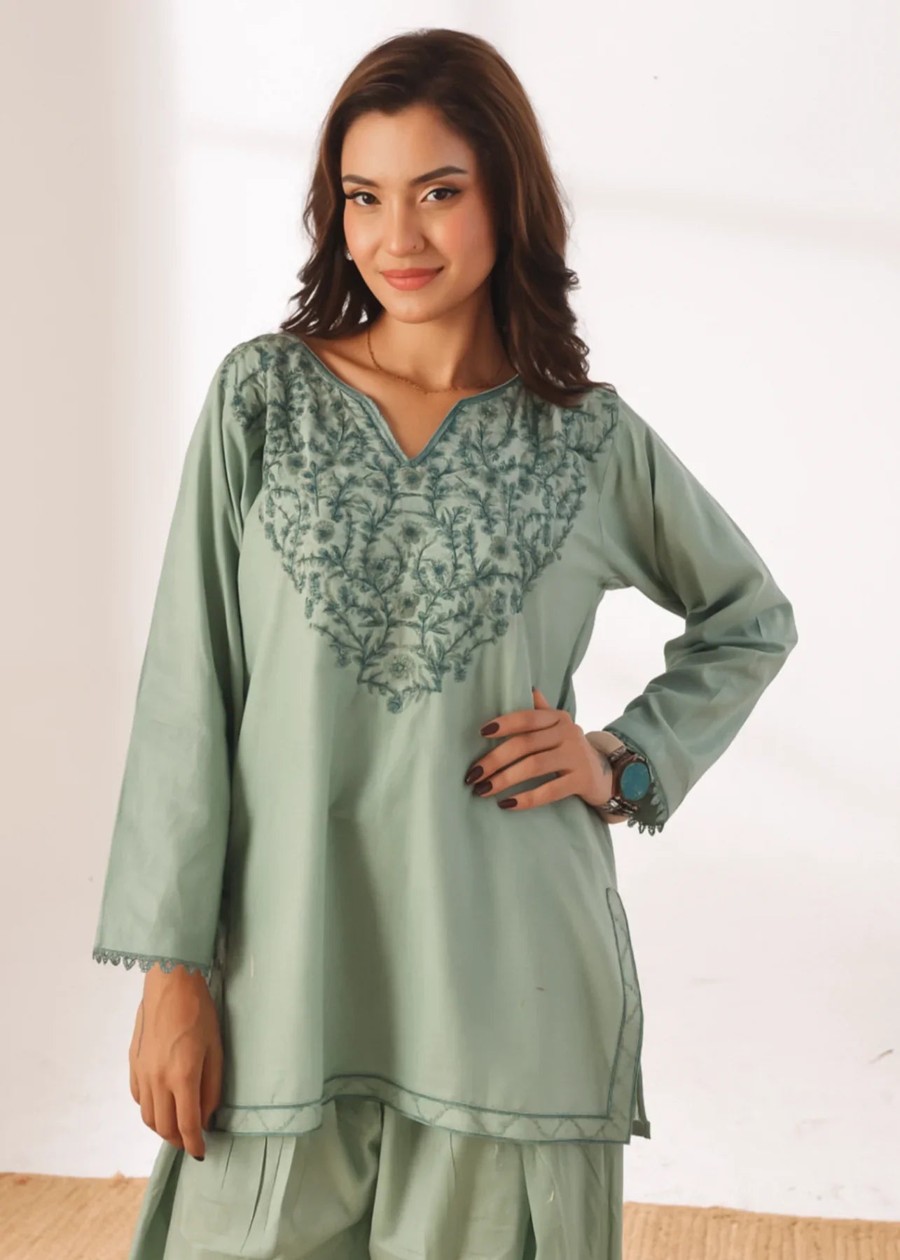 Grace - Embroidered Kurti Shalwar Set - Pastel Green