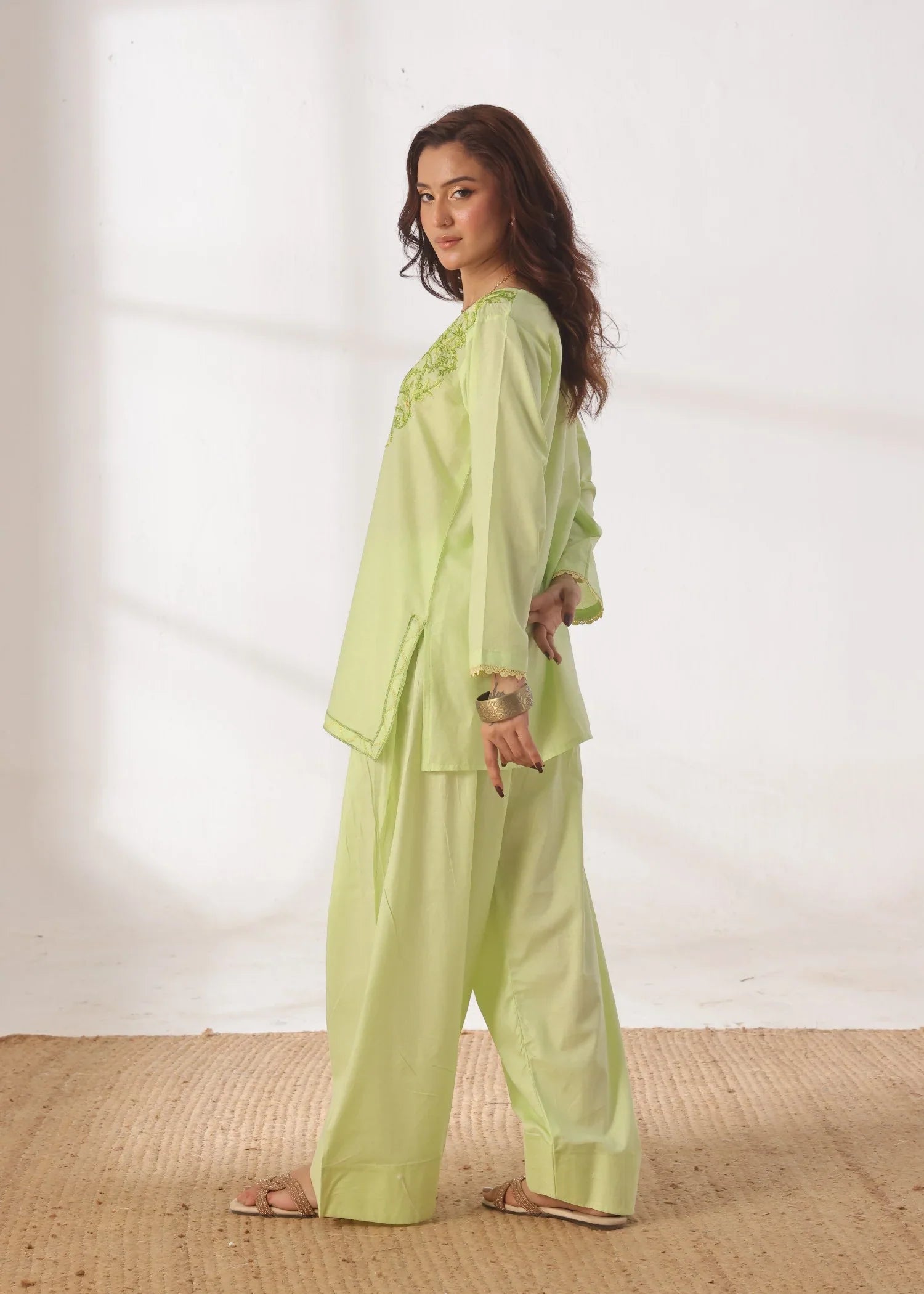 Grace - Embroidered Kurti Shalwar Set - Lime