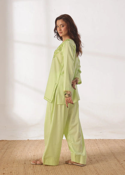 Grace - Embroidered Kurti Shalwar Set - Lime